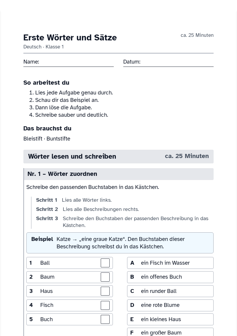 Vorschau des Arbeitsblatts „Erste Wörter und Sätze“