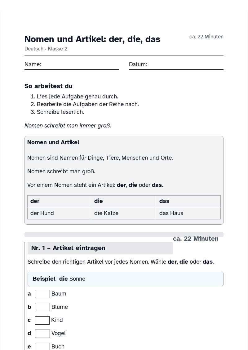 Vorschau des Arbeitsblatts „Nomen und Artikel: der, die, das“
