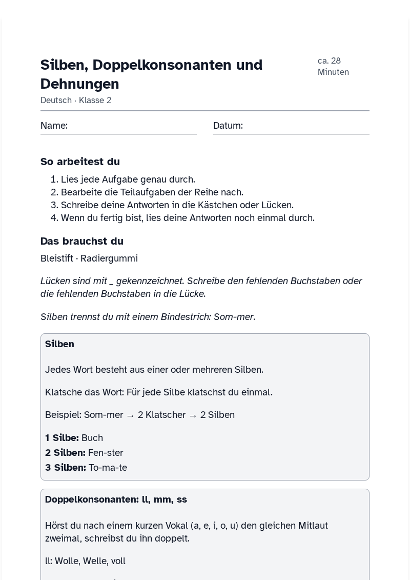 Vorschau des Arbeitsblatts „Silben, Doppelkonsonanten und Dehnungen“