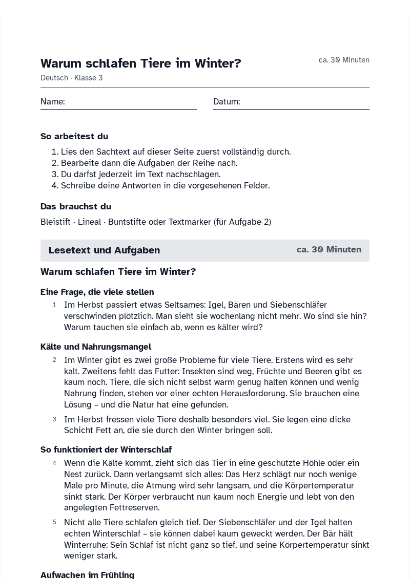 Vorschau des Arbeitsblatts „Warum schlafen Tiere im Winter?“