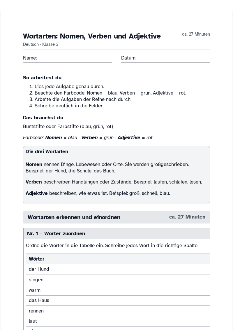 Vorschau des Arbeitsblatts „Wortarten: Nomen, Verben und Adjektive“