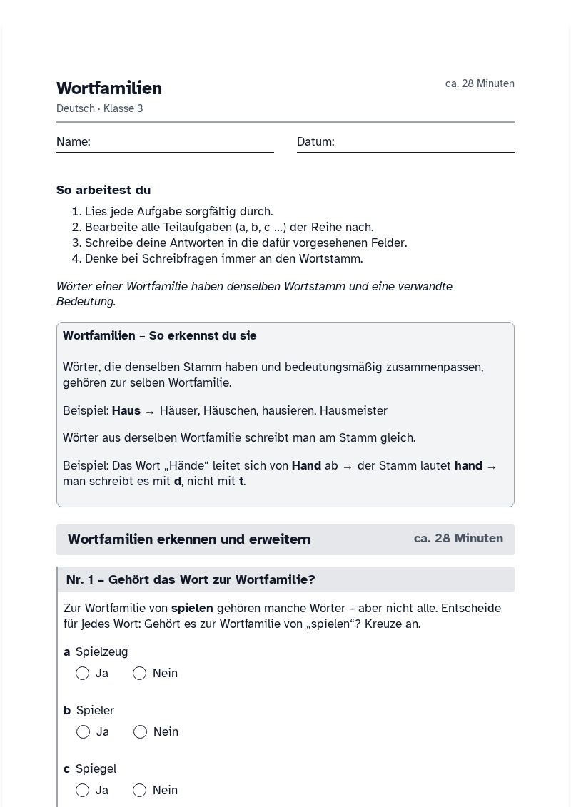 Vorschau des Arbeitsblatts „Wortfamilien“