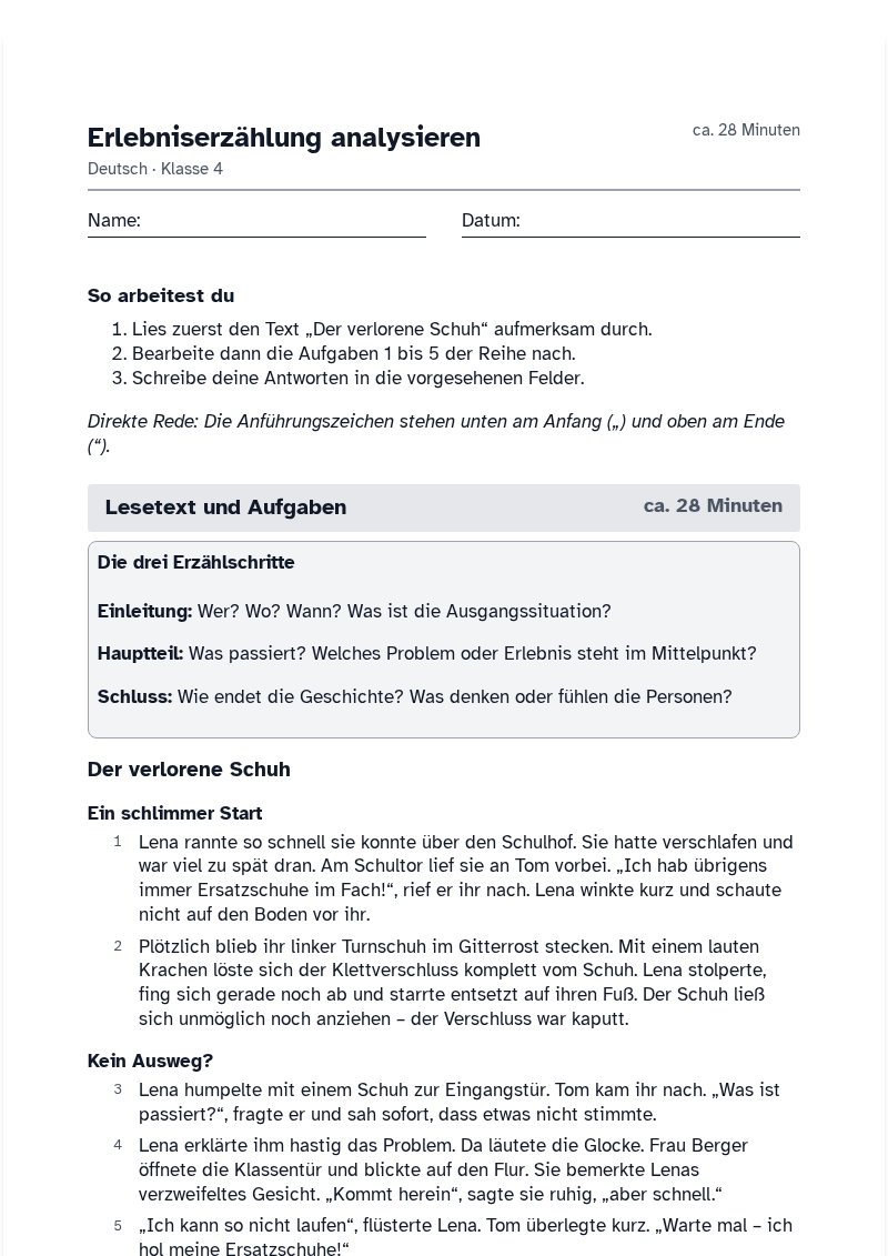 Vorschau des Arbeitsblatts „Erlebniserzählung analysieren“