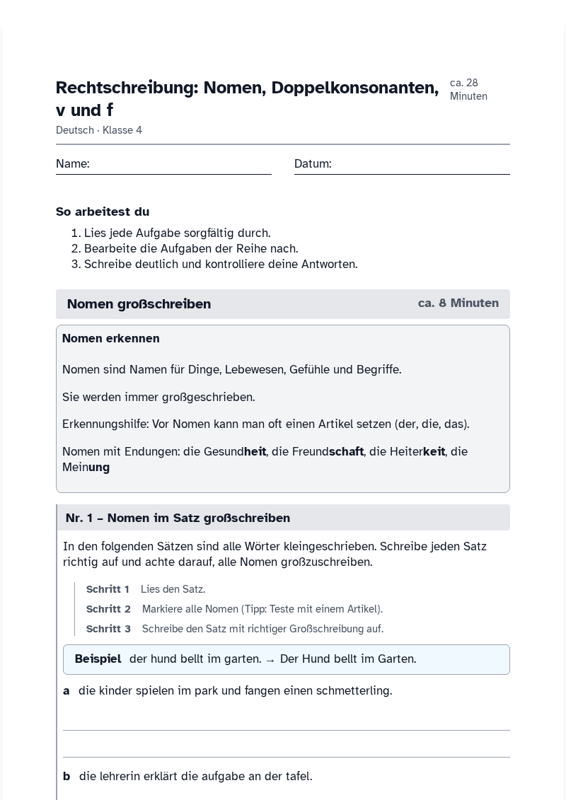 Vorschau des Arbeitsblatts „Rechtschreibung: Nomen, Doppelkonsonanten, v und f“