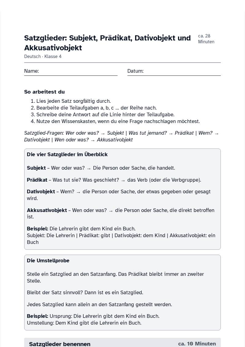 Vorschau des Arbeitsblatts „Satzglieder: Subjekt, Prädikat, Dativobjekt und Akkusativobjekt“