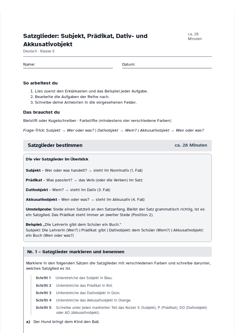 Vorschau des Arbeitsblatts „Satzglieder: Subjekt, Prädikat, Dativ- und Akkusativobjekt“
