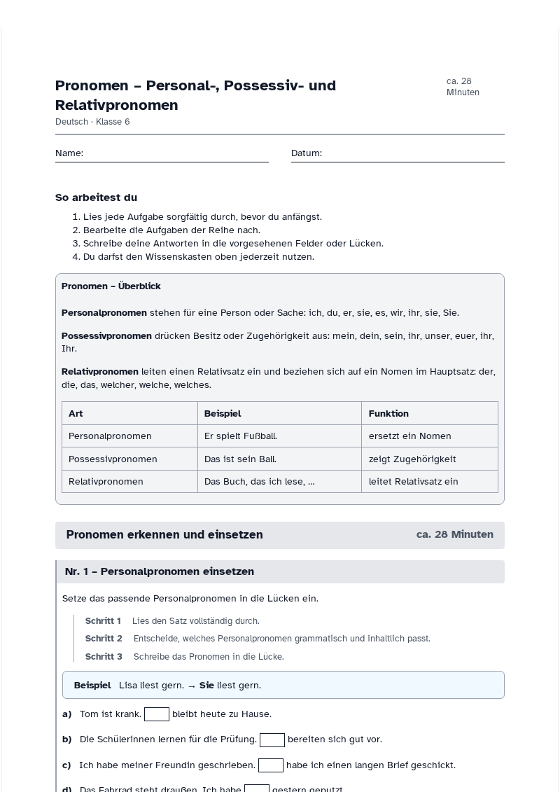 Vorschau des Arbeitsblatts „Pronomen – Personal-, Possessiv- und Relativpronomen“