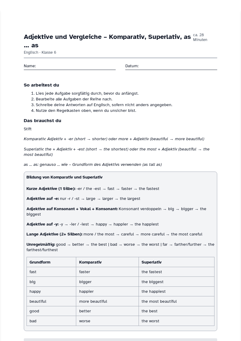 Vorschau des Arbeitsblatts „Adjektive und Vergleiche – Komparativ, Superlativ, as … as“