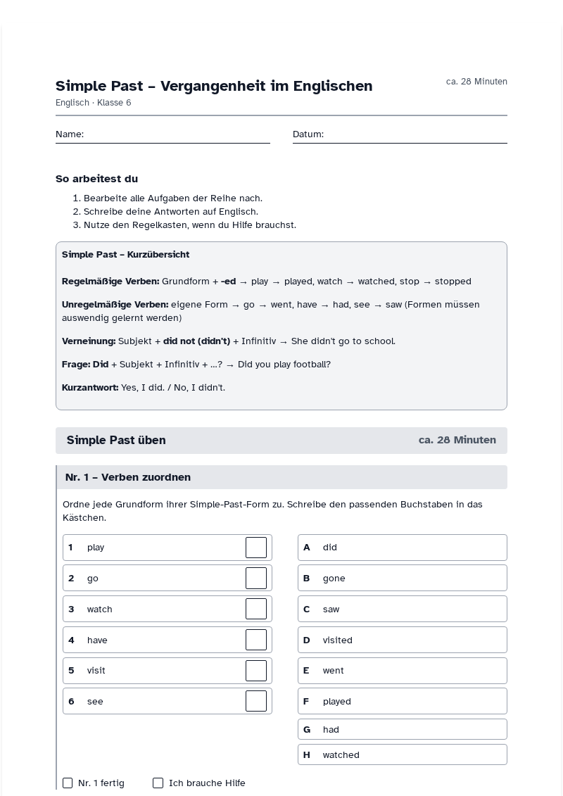 Vorschau des Arbeitsblatts „Simple Past – Vergangenheit im Englischen“