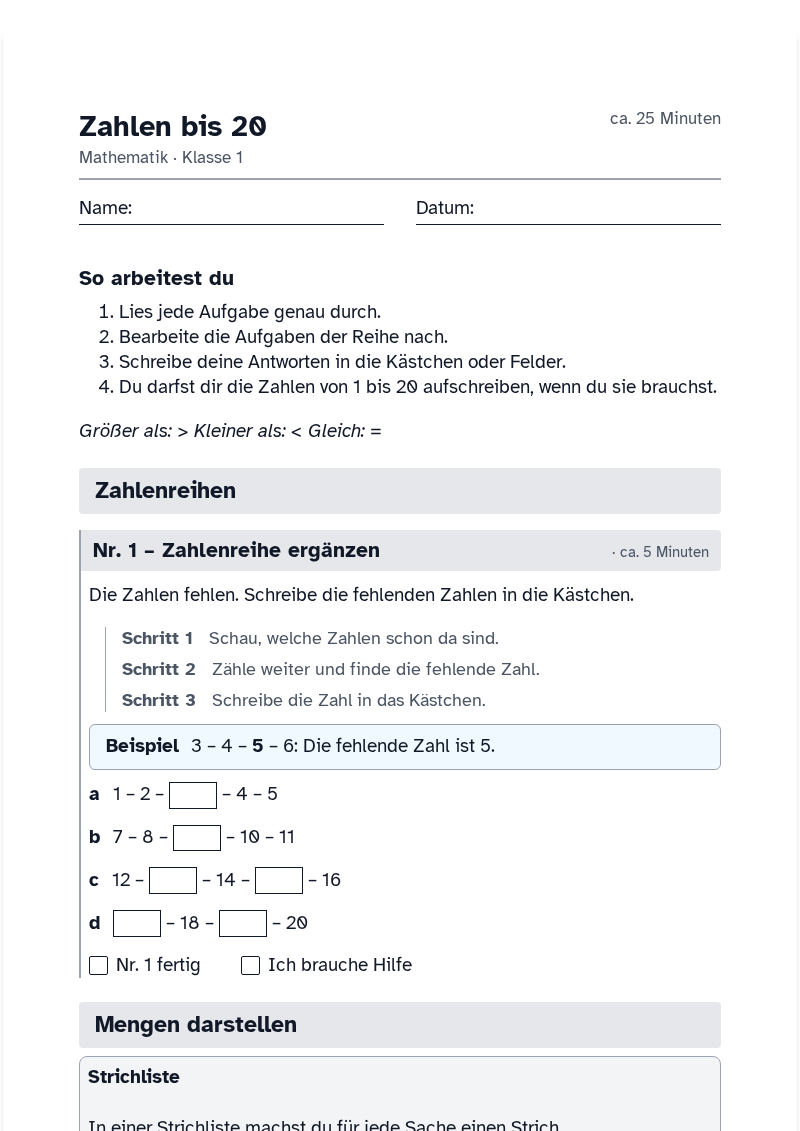 Vorschau des Arbeitsblatts „Zahlen bis 20“