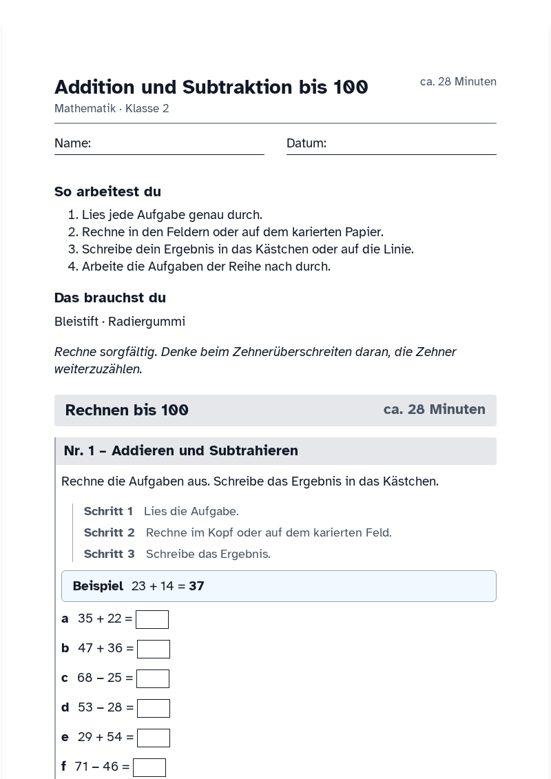 Vorschau des Arbeitsblatts „Addition und Subtraktion bis 100“