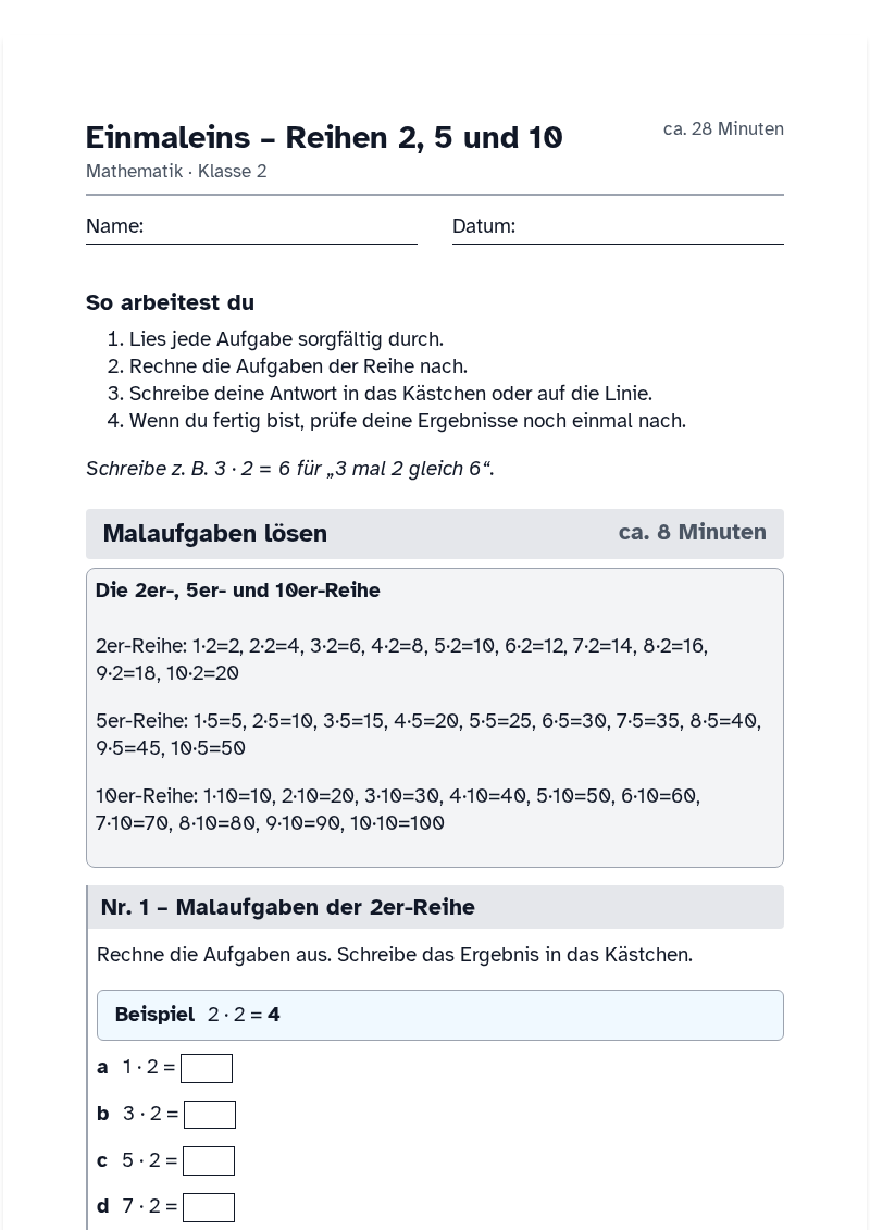 Vorschau des Arbeitsblatts „Einmaleins – Reihen 2, 5 und 10“