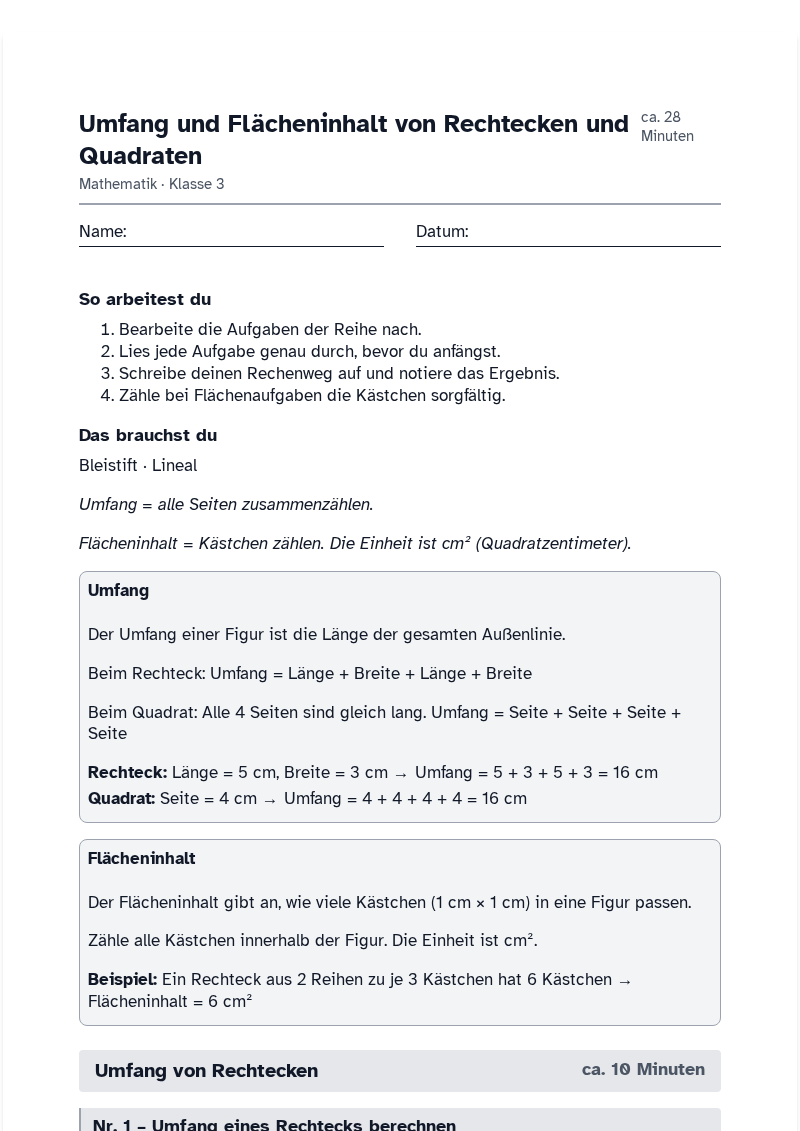 Vorschau des Arbeitsblatts „Umfang und Flächeninhalt von Rechtecken und Quadraten“