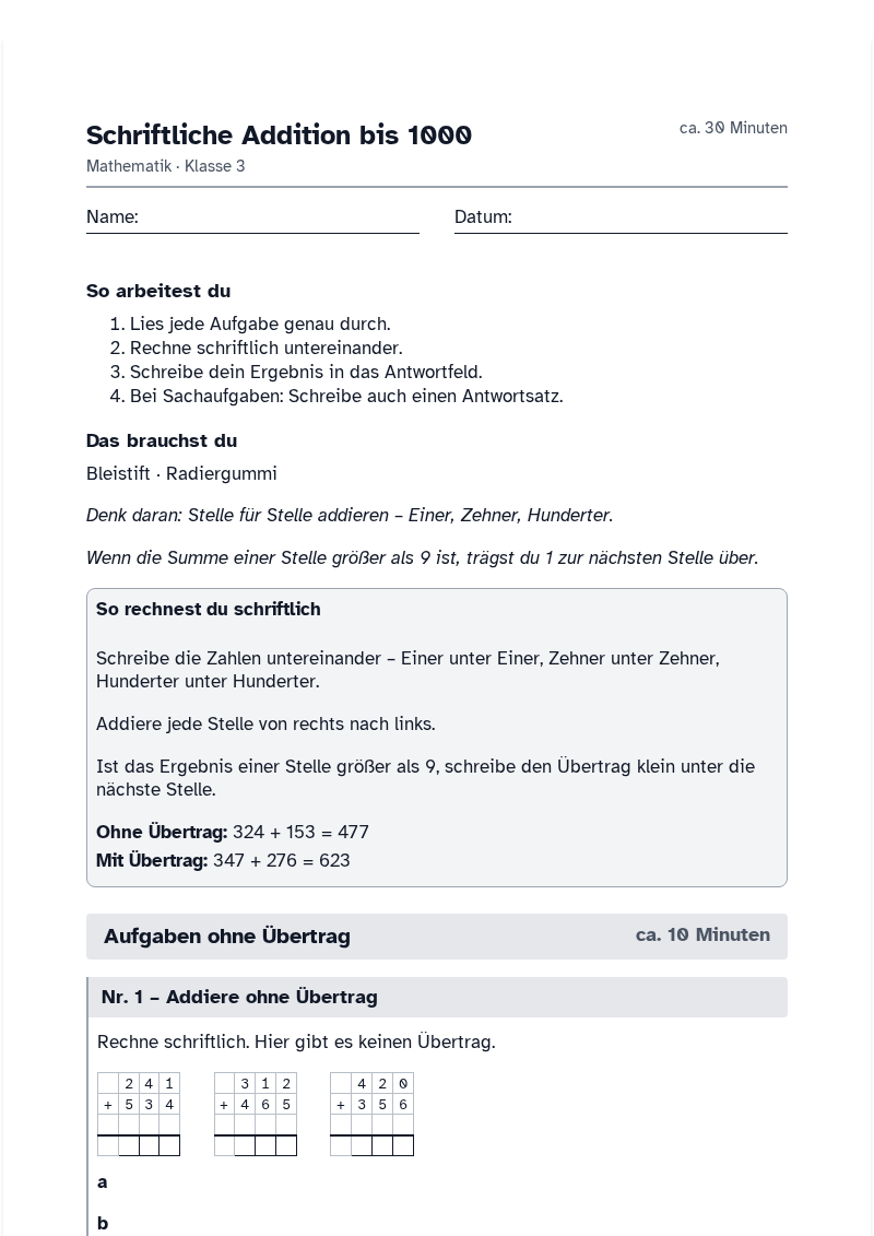 Vorschau des Arbeitsblatts „Schriftliche Addition bis 1000“