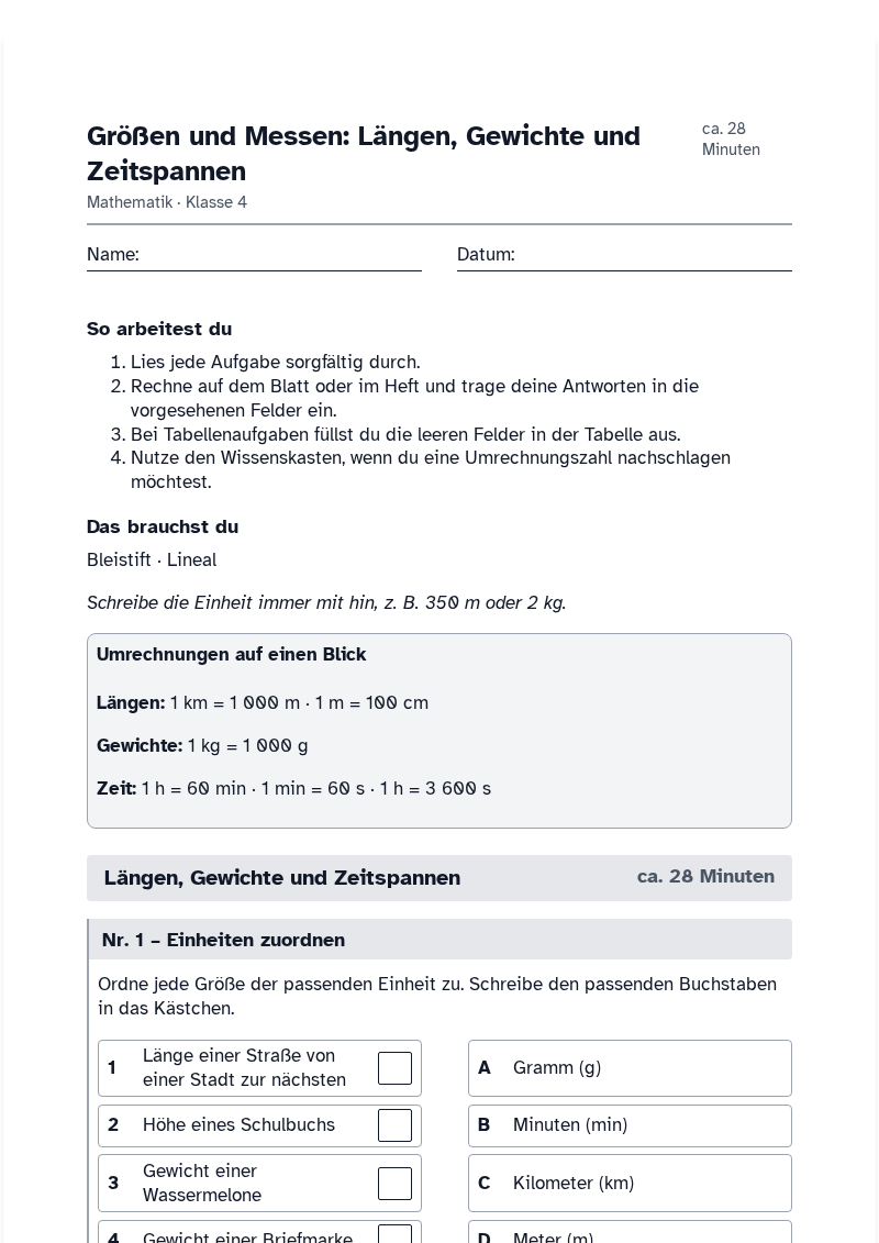 Vorschau des Arbeitsblatts „Größen und Messen: Längen, Gewichte und Zeitspannen“