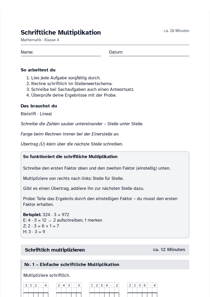 Vorschau des Arbeitsblatts „Schriftliche Multiplikation“