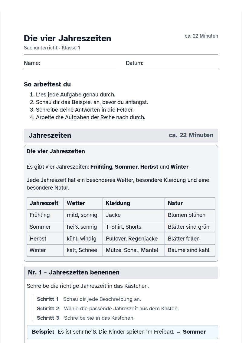 Vorschau des Arbeitsblatts „Die vier Jahreszeiten“
