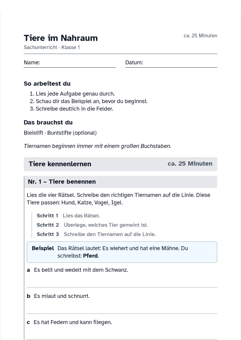 Vorschau des Arbeitsblatts „Tiere im Nahraum“